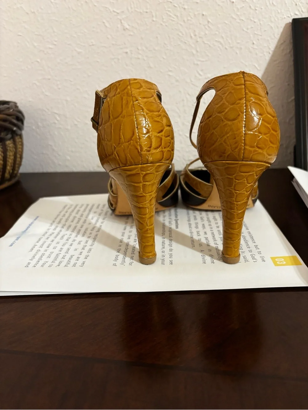 ANTONIO MELANI Brown & Mustard Croc-Embossed Strappy Heels - Picture 2 of 6